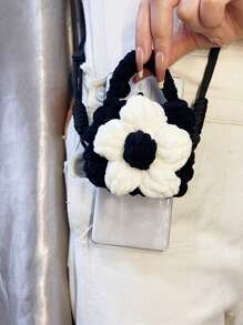 1入新款秋冬手工製作的羊毛黑色編織花裝飾單肩手機背夾,雙手自由,可愛隨意,適合女孩和女人旅行使用