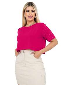 Swisz 女性短袖寬鬆削肩短上衣鑲嵌鑽石款 - 玫紅色 - 查看 3