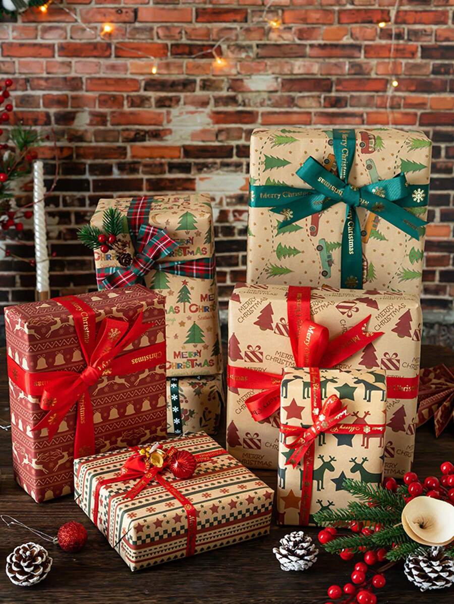 4入組復古風格聖誕節工藝紙,禮品包裝diy用的包裝紙 - 彩色 - 查看 1