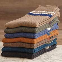 Conjunto De 7 Pares De Calcetines Multicolores A Rayas Para Negocios Y Ocasiones Casuales Para Hombres, Con Función De Desodorización Y Transpirabilidad