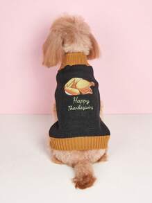 1 quần áo cho thú cưng nhân ngày lễ Tạ ơn, áo len họa tiết kẻ caro cổ điển màu tương phản hình gà tây và chữ cái tiếng Anh cho chó và mèo nhỏ - màu đen - Xem 3