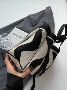 女款四季黑白針織手提包斜背包單肩包托特包適合工作購物女士女孩媽咪 - 黑與白 - 查看 8