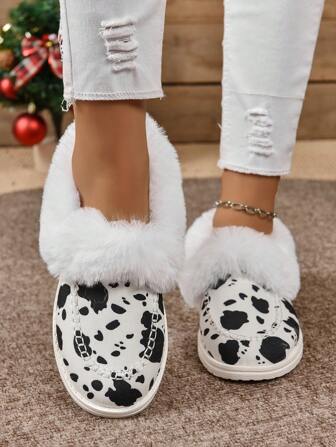 2023 Fall/Winter Plus Size Women's Snow Boots Round Toe Thermal Lined Warm Canvas Shoes Plush Comfortable Shoes, Cow Print
