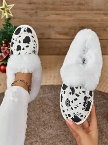2023 Fall/Winter Plus Size Women's Snow Boots Round Toe Thermal Lined Warm Canvas Shoes Plush Comfortable Shoes, Cow Print - Black and White - View 4