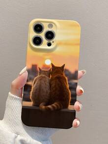 1 Set Of Sunset Couple Cat Pattern All-Inclusive Film Mobile Phone Case Compatible With Apple 15 Series Mobile Phones - White - View 5