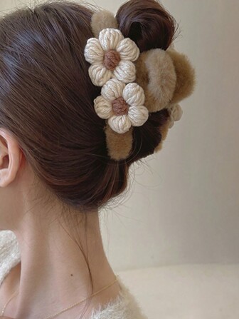 1pc Knitted Flower Hair Claw Clip, Suitable For High Ponytail, Plushies, For Daily Wearing In Autumn And Winter Cute,Hairband,Hair Hoop,Hair Accessories Headbands ,Head Piece