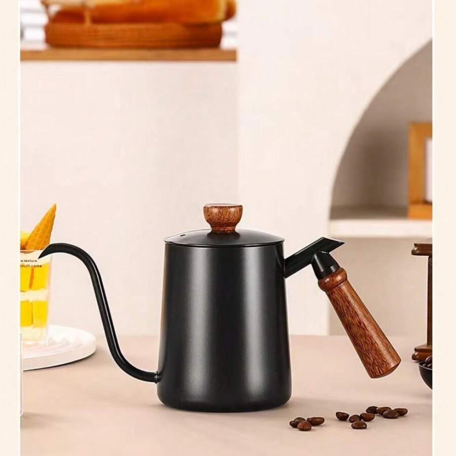 304不銹鋼木柄手沖咖啡壺,帶有溫度計插入和吊耳設計,長嘴和細口水滴式咖啡壺,適用於家庭使用 - 黑色 - 查看 1