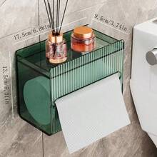 1pc Acrylic Waterproof Multi-functional Toilet Tissue Box With Wall-mounted Paper Towel Holder & Roll Storage Shelf - Dark Green - View 1