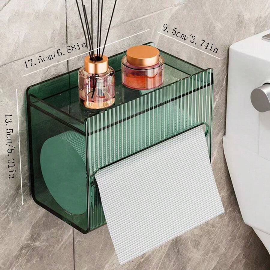 1pc Acrylic Waterproof Multi-functional Toilet Tissue Box With Wall-mounted Paper Towel Holder & Roll Storage Shelf - Dark Green - View 1