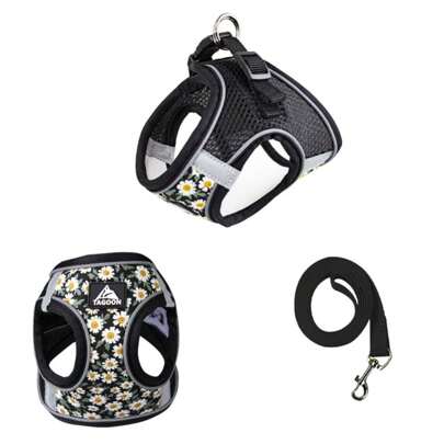 1 Set Pettorina e guinzaglio per cani in rete con motivo floreale a girasole, casual e alla moda, riflettente per visibilità notturna, design anti-fuga a 360 gradi, lunghezza regolabile, comodo da impugnare e utilizzare come guinzaglio
