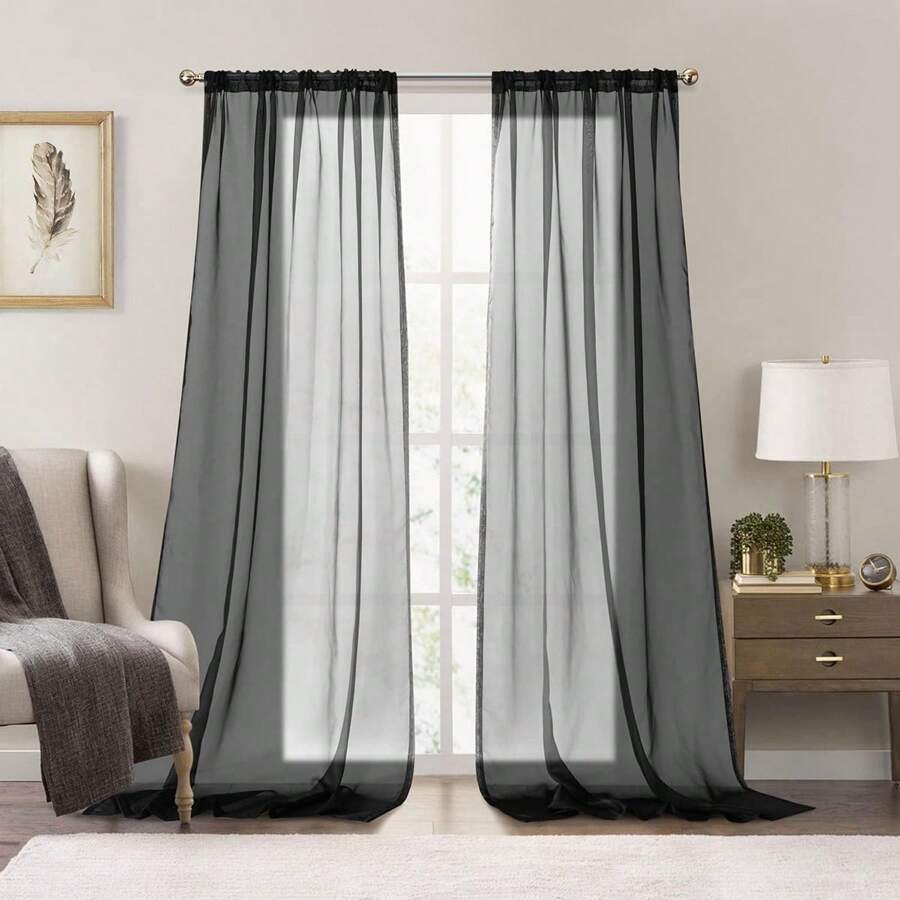 1 Paar 51.18*94.48 Zoll einfarbig Durchsichtige Vorhänge Wohnzimmer Schwarz Rod Pocket Voile Gardinen Fenster Behandlung Outdoor Hochzeit Vorhang Hintergrund Dekoration Party Hochzeits Leinentücher Gaze Vorhang - Schwarz - Übersicht 1