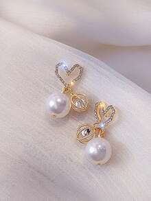 1pair Crossed Heart & Pearl Ear Studs With Crystal Decor - White - View 4