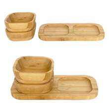 Jogo Petisqueira de bambu 3 peças bowl tigela cumbuca potes com base retangular gamela madeira para frios frutas fondue alimentos petiscos aperitivos bar restaurante porção salgadinhos amendoim nozes castanha suporte bamboo