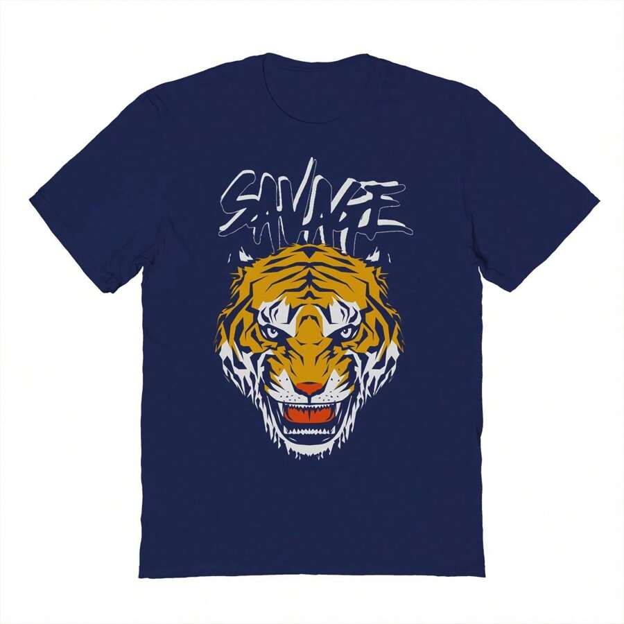 Nearly There Tiger Growl Graphic Unisex Cotton Short-Sleeve T-Shirt - Navy Blue - View 1