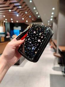1 pieza Billetera con tarjetero ultra delgada con patrón de estrella, estuche de tarjetas casual con bolsillo con cremallera para monedas y múltiples ranuras para tarjetas, regalo de aniversario, Día de San Valentín o cumpleaños para mujeres, cartera pequeña