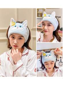 藍色貓耳朵卡通洗臉頭帶,寬結毛絨毛飾,女孩必備