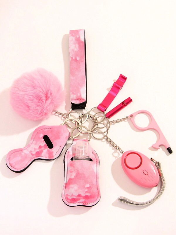 Set de 9 accesorii și kit de siguranță personală roz, inclusiv alarmă de siguranță, breloc cu cuier pentru geantă, breloc FluffyBall, curea de încheietură, accesorii pentru geantă, accesorii decorative pentru adolescente, fete și femei, studenți începători și muncitori cu gulere albe, breloc macrame, breloc cu breloc, accesorii auto, ace de siguranță pentru femei, autoapărare, breloc de pluș, de Ziua Îndrăgostiților