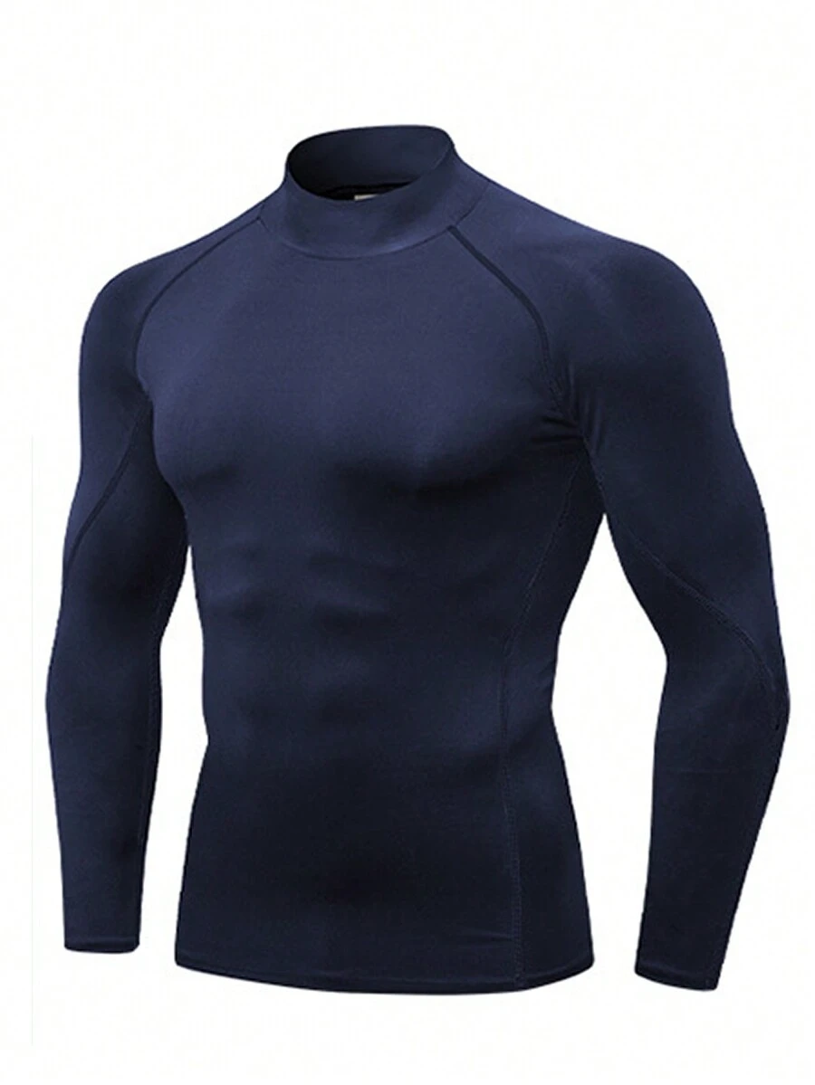 Camiseta Deportiva De Manga Larga De Compresión Con Cuello Alto Para Hombres Con Tecnología De Secado Rápido - azul real - Ver 1