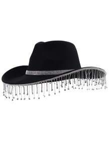 1頂西部風格的牛仔帽,帶大邊,鑲嵌鑽石和流蘇裝飾,適合秋冬、表演和派對 - 黑色 - 查看 1