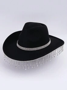 1頂西部風格的牛仔帽,帶大邊,鑲嵌鑽石和流蘇裝飾,適合秋冬、表演和派對 - 黑色 - 查看 2