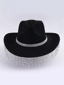 1頂西部風格的牛仔帽,帶大邊,鑲嵌鑽石和流蘇裝飾,適合秋冬、表演和派對 - 黑色 - 查看 3