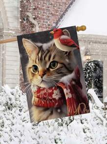 1入組聖誕貓圖案花園旗(不含桿子),現代可愛款式厚麻布材料45cm * 30cm / 18in * 12in雙面印刷耐用的戶外裝飾旗,用於秋季、冬季和聖誕季節的庭院和裝飾