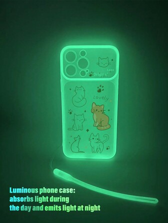 1 pieza Funda de teléfono de TPU transparente con escarcha y diseño de gato de dibujos animados que brilla en la oscuridad y 1 pieza Cordón de silicona que brilla en la oscuridad, compatible con / compatible con Samsung/ compatible con Xiaomi/ compatible con OPPO