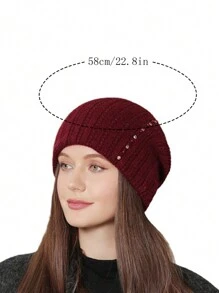 1 件女士保暖针织双层仿珍珠无檐便帽，厚保暖内衬护耳 Ushanka，冬季 - 酒紅色 - 查看 4