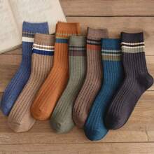 Conjunto De 7 Pares De Calcetines Multicolores A Rayas Para Negocios Y Ocasiones Casuales Para Hombres, Con Función De Desodorización Y Transpirabilidad