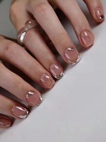 24pcs Short Square Simple French Style False Nails Kit Suitable For Students, Office Workers And Daily Wear - Multicolor - View 1