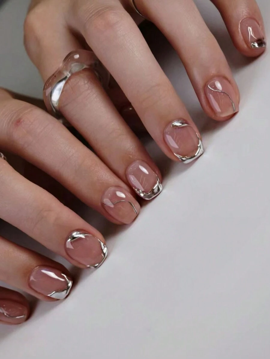 24pcs Short Square Simple French Style False Nails Kit Suitable For Students, Office Workers And Daily Wear - Multicolor - View 1