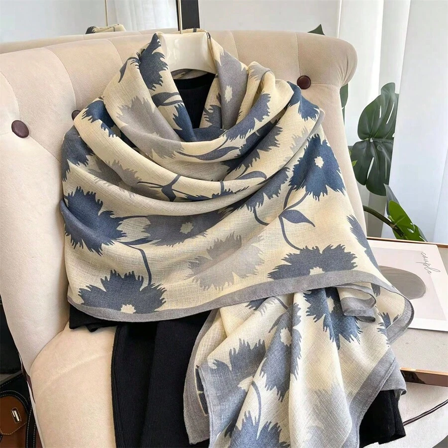 Women Scarf, Versatile Long Shawl, Lightweight Chiffon/Silk Scarf For Spring/Summer, New Large Flower Scarf For Autumn/Winter Elegant Accessories Women - Grey - View 1