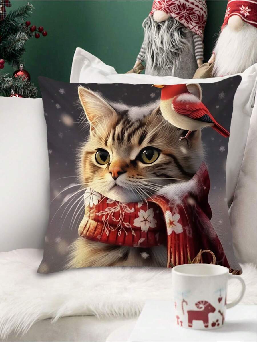 1 cái Giáng sinh Hình con mèo Vỏ gối ( Cốt lõi Không bao gồm ) , Dễ thương Phong cách Lanh Chất liệu , 45cm*45cm/17.72 , Hình vuông Một mặt In ấn , Dây kéo Khép kín , Mềm mại Và Thoải mái Trang trí Cái đệm Ngày lễ Vỏ gối , Thích hợp Đối với Giáng sinh - Nhiều màu - Xem 1