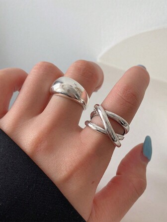 17KM 2入組式簡約風幾何金屬環,日常搭配適用於女性的度假和日期禮物