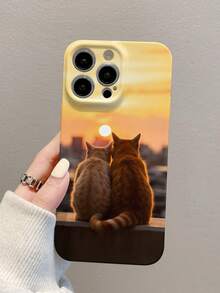 1 Set Of Sunset Couple Cat Pattern All-Inclusive Film Mobile Phone Case Compatible With Apple 15 Series Mobile Phones - White - View 3