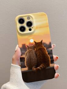 1 Set Of Sunset Couple Cat Pattern All-Inclusive Film Mobile Phone Case Compatible With Apple 15 Series Mobile Phones - White - View 4