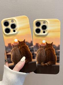 1 Set Of Sunset Couple Cat Pattern All-Inclusive Film Mobile Phone Case Compatible With Apple 15 Series Mobile Phones - White - View 2