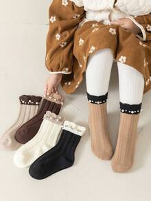 5雙/包女孩其他甜美风格荷葉邊中筒襪,適用於秋冬季(1-2)(2-3)(3-8)歲