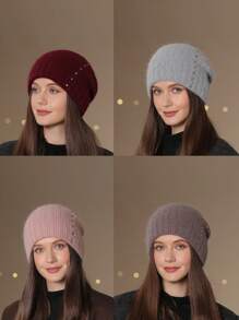 1 件女士保暖针织双层仿珍珠无檐便帽，厚保暖内衬护耳 Ushanka，冬季 - 酒紅色 - 查看 3