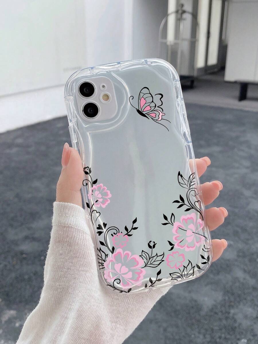 1個蝴蝶&花&線條圖案設計的奶油色手機殼,適用於 Apple/samsung/xiaomi/redmi/infinix/oppo/vivo/realme 手機 - 無色 - 查看 1