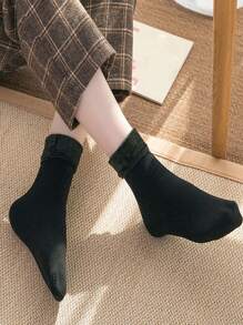 4 双/套女士加厚保暖内衬防冻黑色雪袜，时尚百搭中筒袜