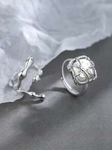 17KM 2pcs Simple Geometric Design Metallic Rings For Women, Suitable For Vacation, Dating, Daily Wear, Gift - Silver - View 2