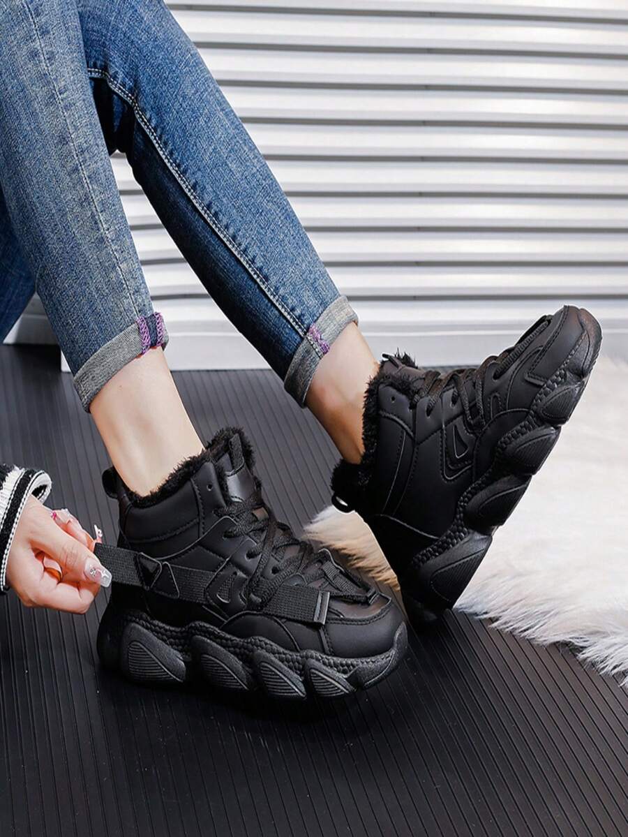 优雅风格、舒适、高帮、保暖内衬女士运动厚底鞋 - 休闲、时尚、百搭的女士厚底靴新品上市 - 黑色 - 查看 1