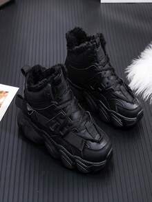 优雅风格、舒适、高帮、保暖内衬女士运动厚底鞋 - 休闲、时尚、百搭的女士厚底靴新品上市 - 黑色 - 查看 2