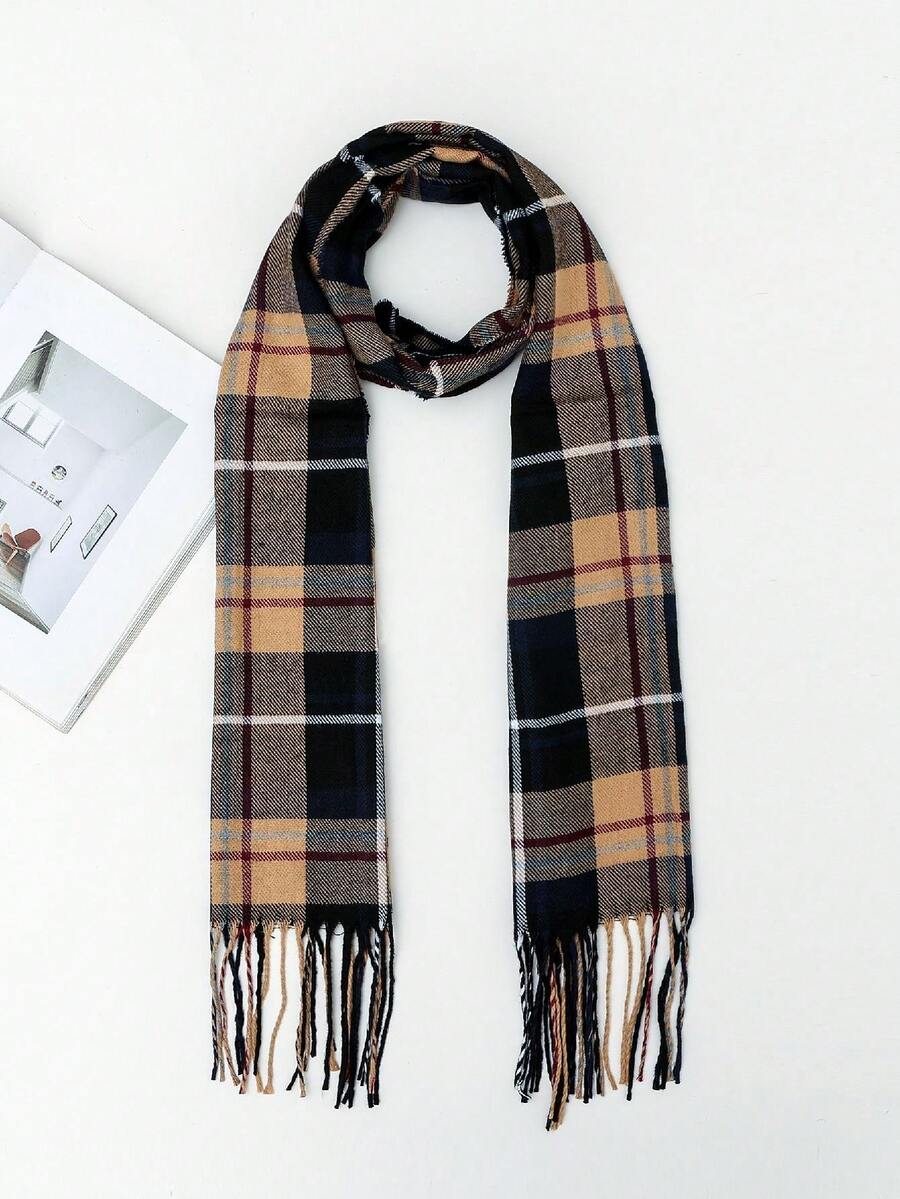 2023年秋冬童裝仿羊絨格子圍巾,長版加厚保暖兒童通用圍脖 - 黑色 - 查看 1