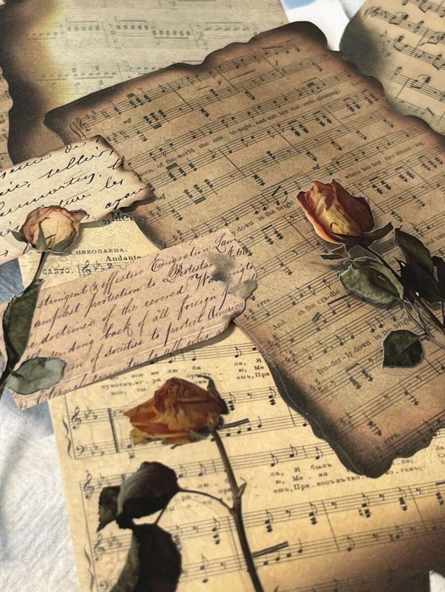 40張復古英文短語、音樂簿、花卉和燒邊主題剪貼簿紙,diy裝飾材料