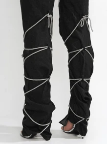 Women's  Rhinestone Thigh-High Denim Booties - Single Round Toe Metallic/Holo, Denim Thigh High High Heel For Friday Nights - Black - View 5