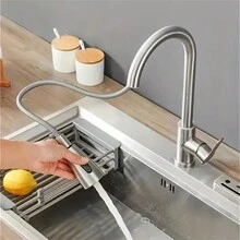 1pc Pull Down Single Handle Kitchen Faucet, Stainless Steel Faucet, Kitchen Hot And Cold Sink Faucet, Stainless Steel Pull Pull Swivel Faucet - Silver - View 1