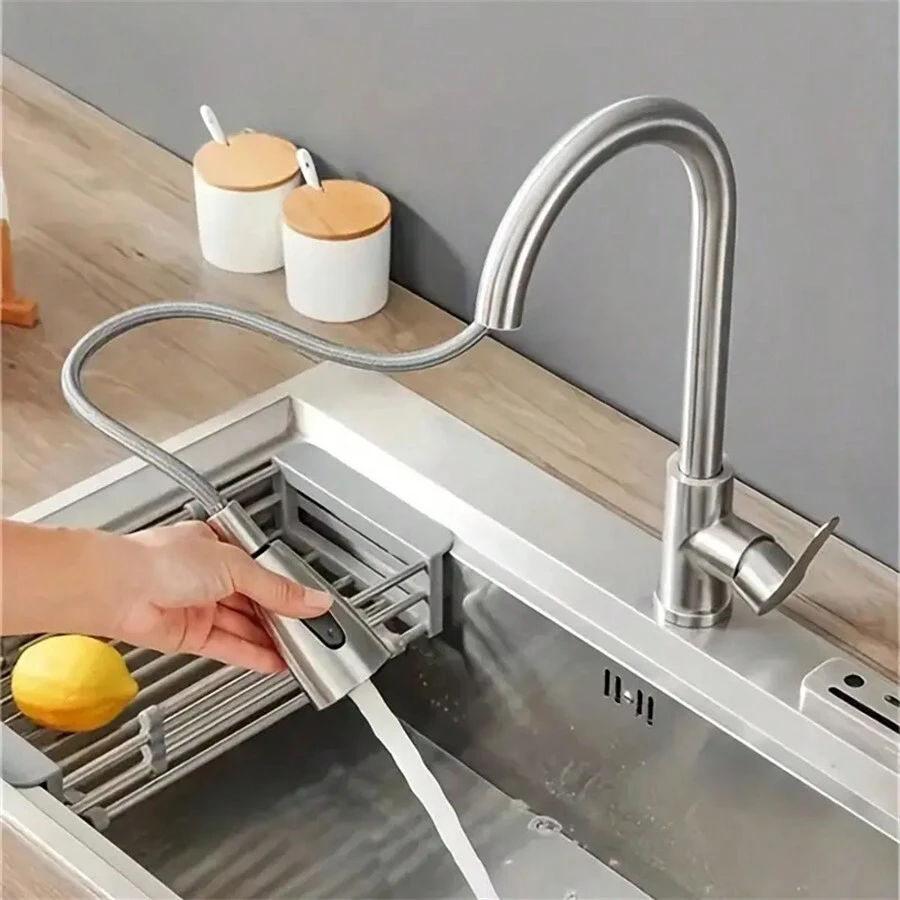 1pc Pull Down Single Handle Kitchen Faucet, Stainless Steel Faucet, Kitchen Hot And Cold Sink Faucet, Stainless Steel Pull Pull Swivel Faucet - Silver - View 1