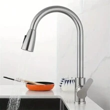 1pc Pull Down Single Handle Kitchen Faucet, Stainless Steel Faucet, Kitchen Hot And Cold Sink Faucet, Stainless Steel Pull Pull Swivel Faucet - Silver - View 3